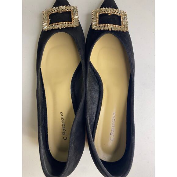 NEW C. Paravano Black Pointy Toe Low Heels Dress Pumps Rhinestone Buckle 42 11 - Picture 10 of 14